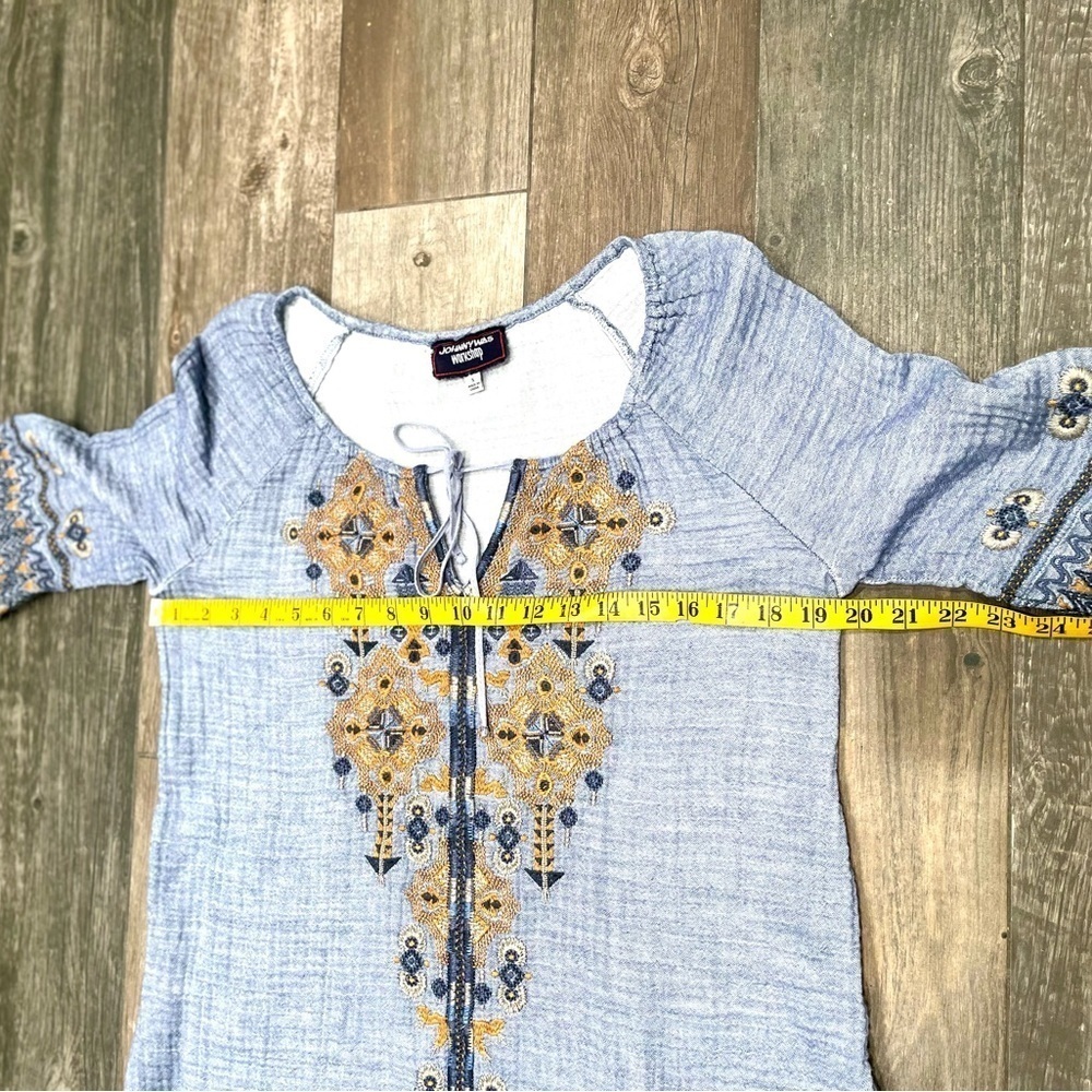 Johnny Was Light Blue Embroidered Peasant Blouse with Gold and Navy Accents - Picture 9 of 9